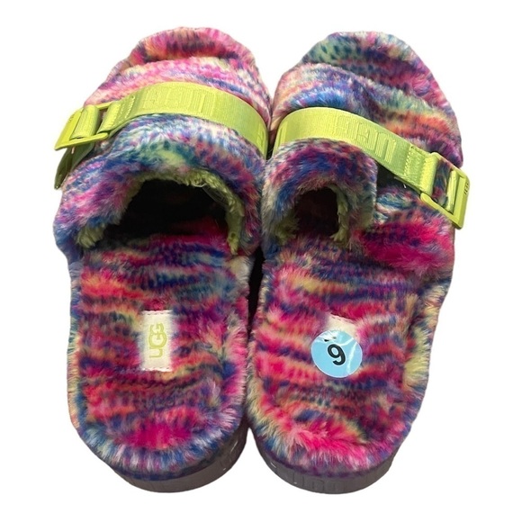 UGG "Pixelate Print" Rainbow Colored/Multicolored Plush Fuzzy Slipper Slides - Picture 5 of 11